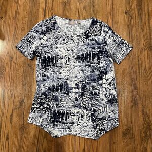 Chicos Top Shirt Womens 0 Small Paisley Cotton Navy Beige Asymmetric Hem